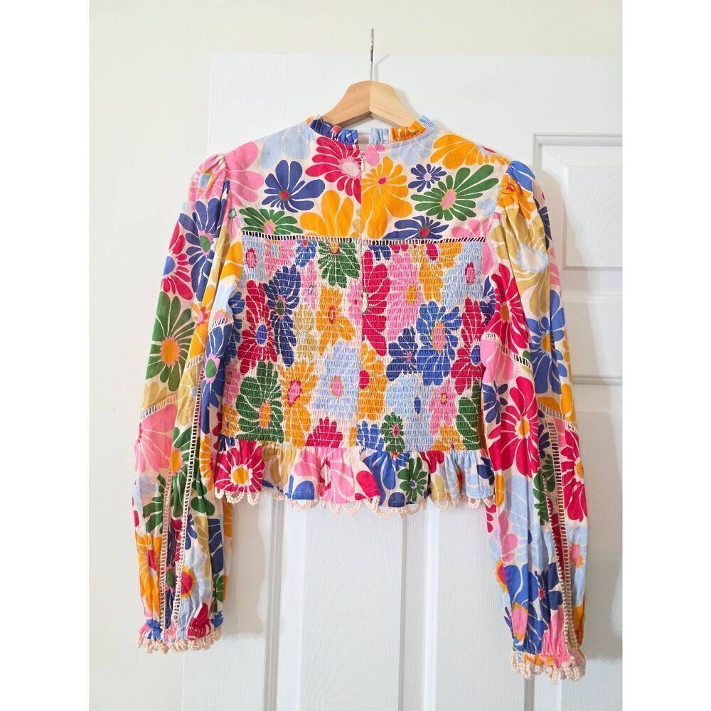 FARM Rio Sunny Daisies Smocked Cotton Peplum Blouse S - Picture 13 of 13